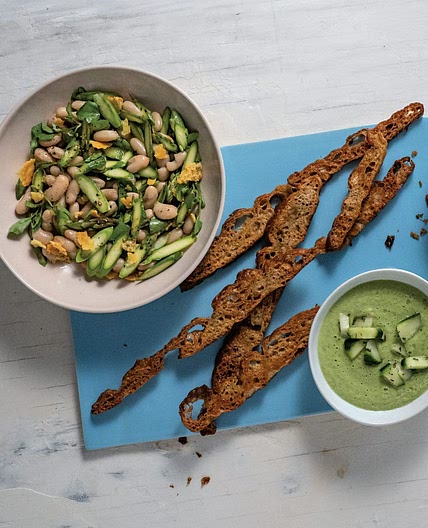 Fresh Asparagus with White Beans + Crispy Cheddar