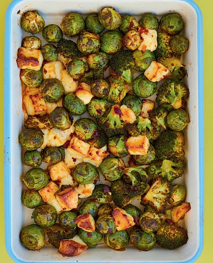 Harissa sprouts, broccoli and halloumi 