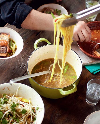 Asian-style salmon noodle broth   beansprout salad, lychee dessert
