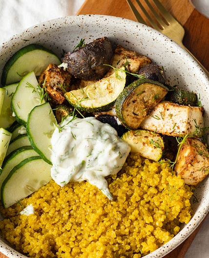 Mediterranean Tofu Buddha Bowl (high protein + vegan)