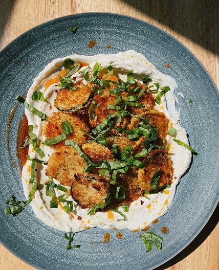 Crispy Summer Squash with Lemony Ricotta, Chili Oil and Basil 