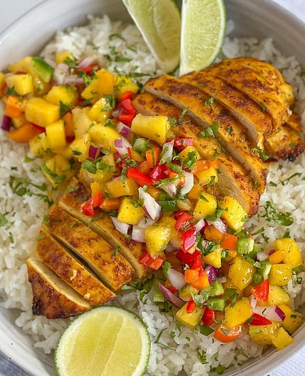 Air fryer chicken with a delicious mango salsa 