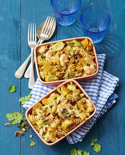 Gratin de fusilli aux crevettes à l'indienne