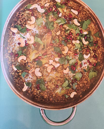Simple all in one daal with roasted shallots, coriander, pomegranate and cashews