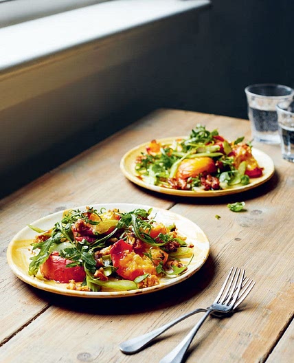 Warm peach & basil salad