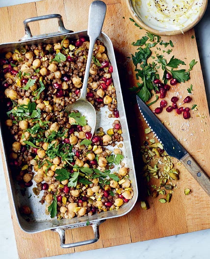 Herby lentils & chickpeas with lemon yogurt