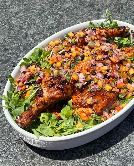 BBQ Spatchcock Chicken with Peach + Basil Salsa 