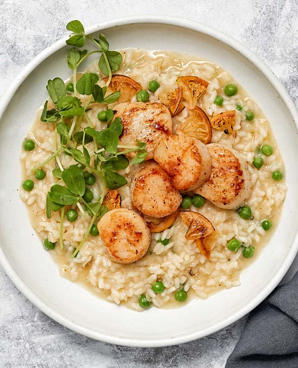 LEMON RISOTTO WITH PAN-SEARED SCALLOPS AND PEA SHOOTS