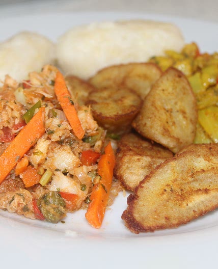 Stewed saltfish with spicy plantains and coconut dumplings