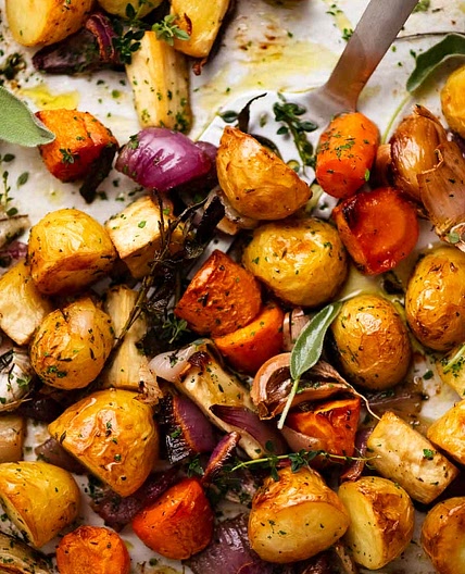 Roast vegetables and pesto salad
