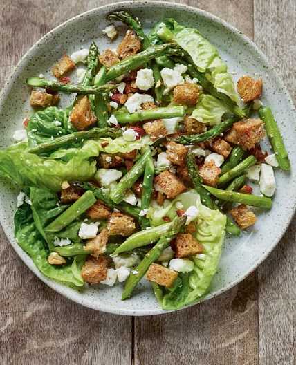 Roast asparagus, feta, almonds and sourdough croutons