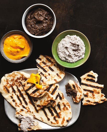 Roti with Black-Eyed Pea Hummus, Eggplant Puree, and Carrot Curry Puree