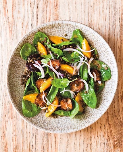 Harlem Market Salad Spinach and Black Lentil Salad with Shiitake Mushrooms and Citrus Ginger Soy Dressing
