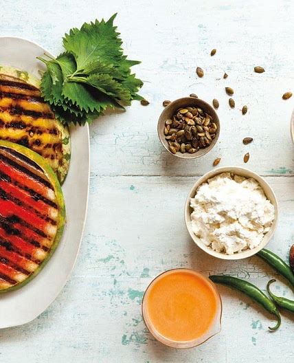 Grilled “Watermelon Garden” Salad with Lime Mango Dressing and Cornbread Croutons