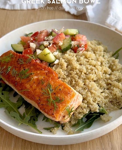 greek salmon bowls 🐠 oh myyy the freshness, flavors &amp; textures in this one!! you already know my fav protein source is salmon &amp; i’ve been getting it delivered from 🙌&nbsp; Secret Island is BAP (best aquaculture practices) certified, their salmon 