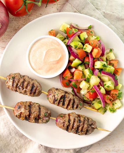 Lebanese-Style Beef Kabobs with Cucumber-Tomato Salad & Paprika Yogurt