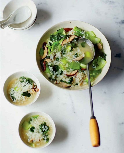 Soupy rice with chopped greens