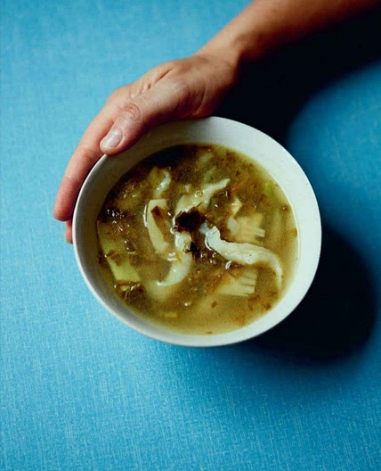Rustic dough-wriggle soup with pickled greens