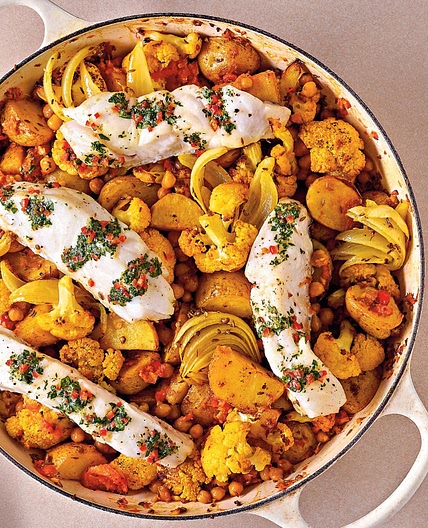 Cod with Indian-spiced vegetables and lime-coriander butter recipe