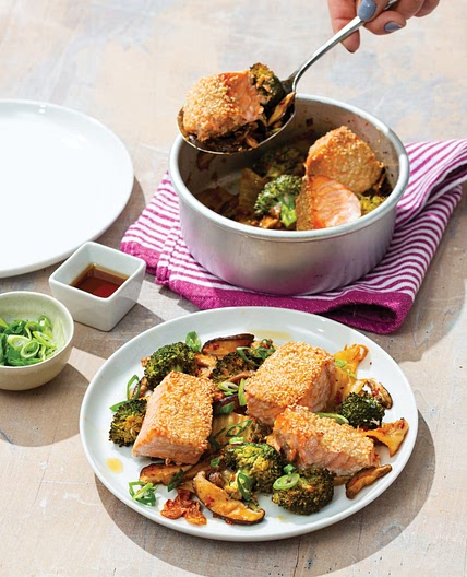 Sesame Salmon with Roasted Kimchi, Broccoli, and Shiitakes
