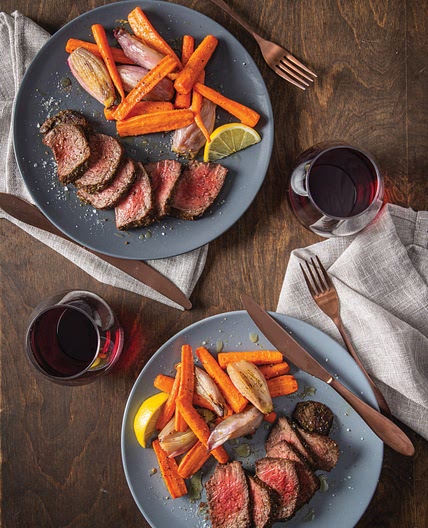 Lemon-Sage Top Sirloin Steak with Roasted Carrots and Shallots