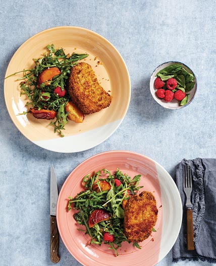 Crispy Pork Chops with Roasted Peach, Blackberry, and Arugula Salad