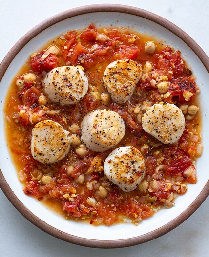Scallops on Roasted Tomato Chickpeas