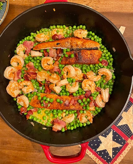 Blackened Salmon and Shrimp in a Butter Wine Sauce with Peas