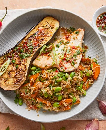 Tamari-glazed tuna & baked aubergine