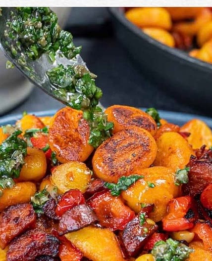 Crispy chorizo gnocchi with salsa verde