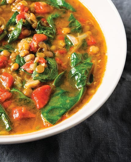 Spinach and Green Lentil Soup with Roasted Peppers