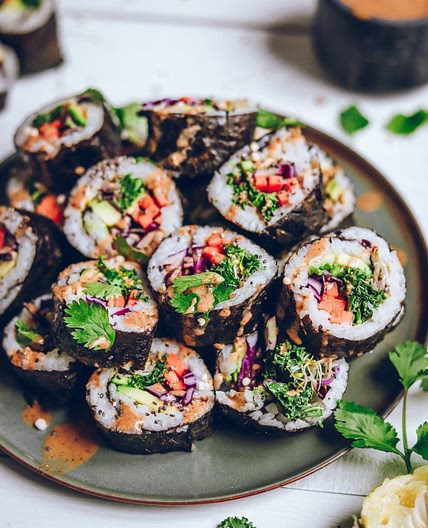 Veggie Rainbow Sushi Rolls with Tamari Almond Butter Sauce