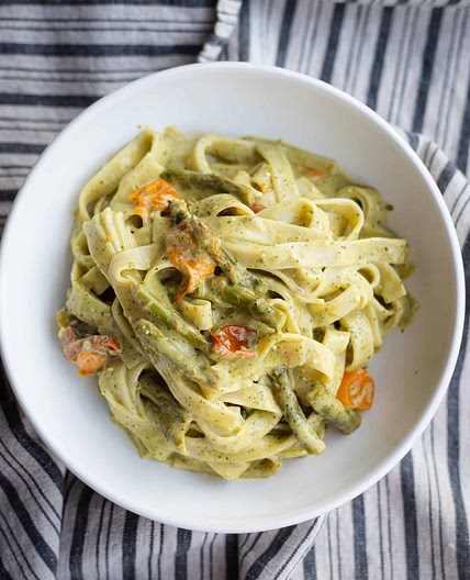 Creamy Pesto Fettuccine with Summer Vegetables