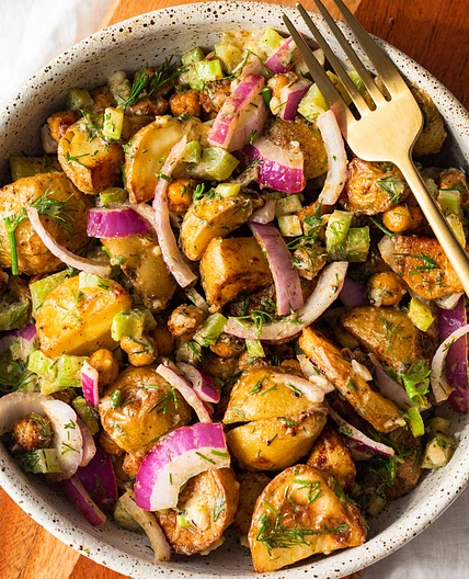 Vegan Roasted Potato Chickpea Salad with Dill (no mayo)
