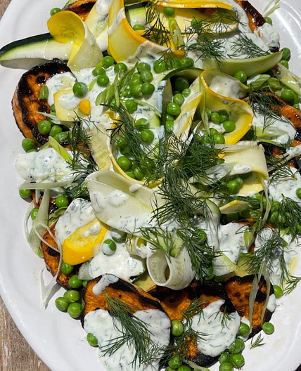Grilled Sweet Potato & Zucchini Salad with Dill Yogurt Dressing 