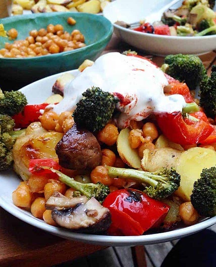 Grilled Potatoes with Chickpeas, Veggies and Smoked Paprika Aioli