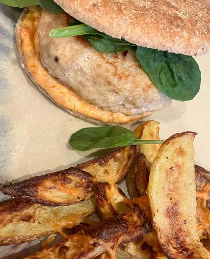Mozzarella Stuffed Turkey Burger with Parmesan potato wedges