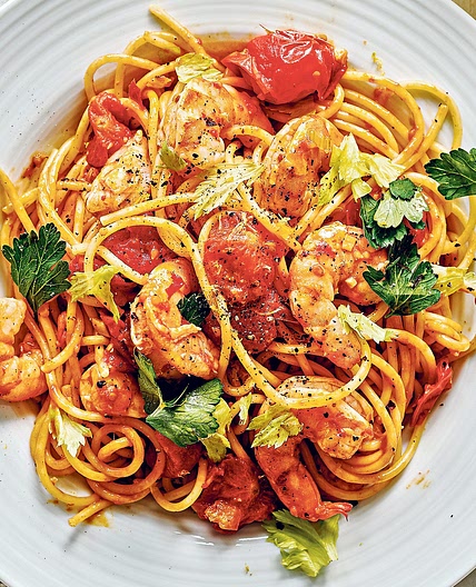 Harissa prawns with spaghetti recipe