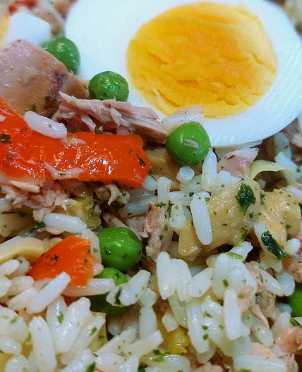 Rice salad - Tuna, eggs, peas, and pickled vegetables.