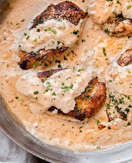 Skillet Chicken in Balsamic Caramelized Onion Cream Sauce