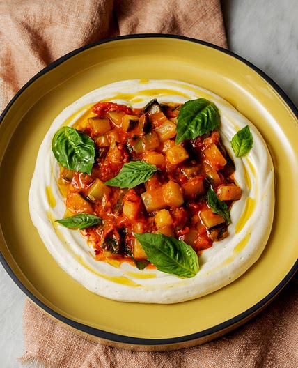 Whipped Tofu with Stewed Zucchini and Tomatoes