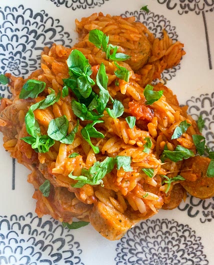 One Pot Chicken Sausage Baked Orzo