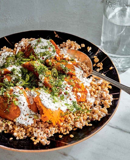 Grains and roasted squash with spicy buttermilk dressing