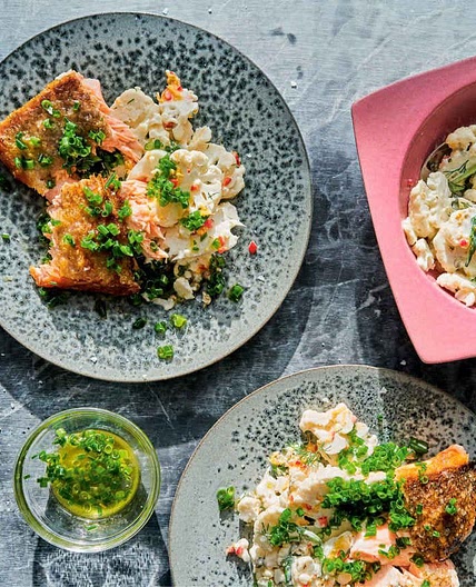 Pan-roasted salmon with cauli-tartar sauce and chive vinaigrette