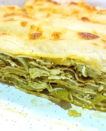 Lasagne with basil pesto, potatoes and green beans
