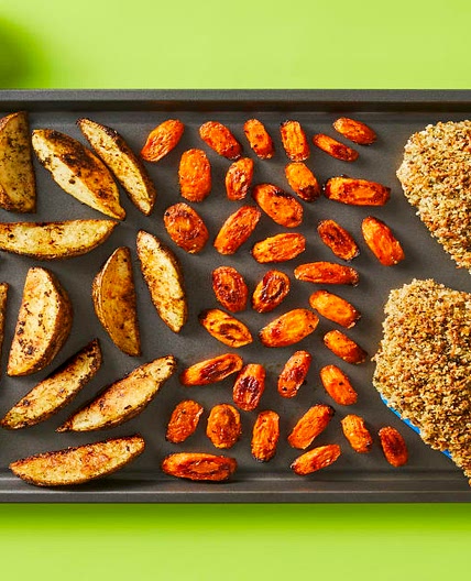 Sheet Pan Monterey Jack Un-Fried Chicken with Roasted Broccoli, Potato Wedges & Sriracha Mayo