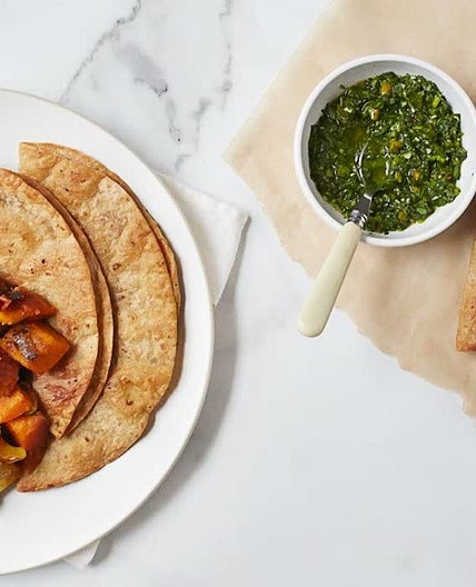 Kabocha-Apple Shawarma  with Cilantro-Parsley Zhoug