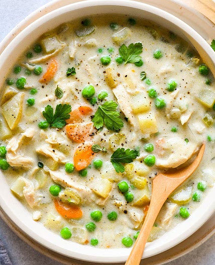 Dairy Free Chicken Pot Pie Soup Made with Cashew Cream
