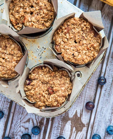 Blueberry Banana Bread Muffins with Oat and Pecan Crumble Topping