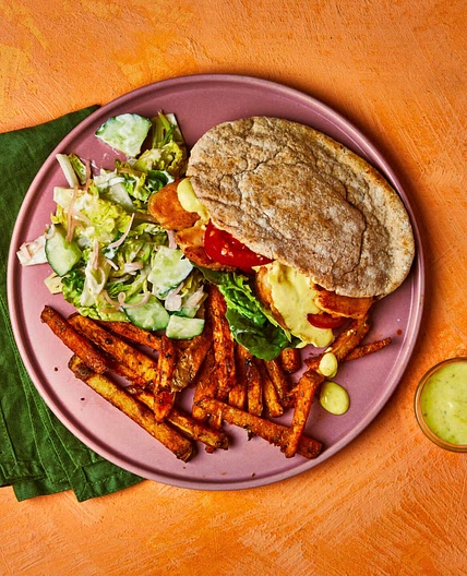 Greek-style battered halloumi sandwich with garlic fries
